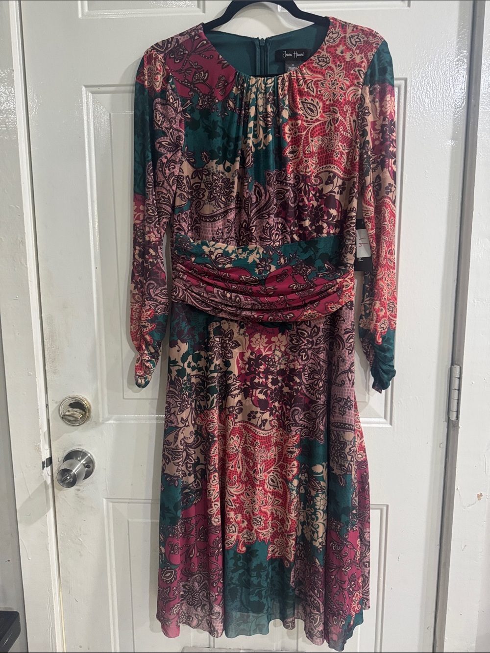 Jessica Howard Teal, Burgundy and Cream Paisley Long Sleeve Midi Dress - Picture 2 of 13